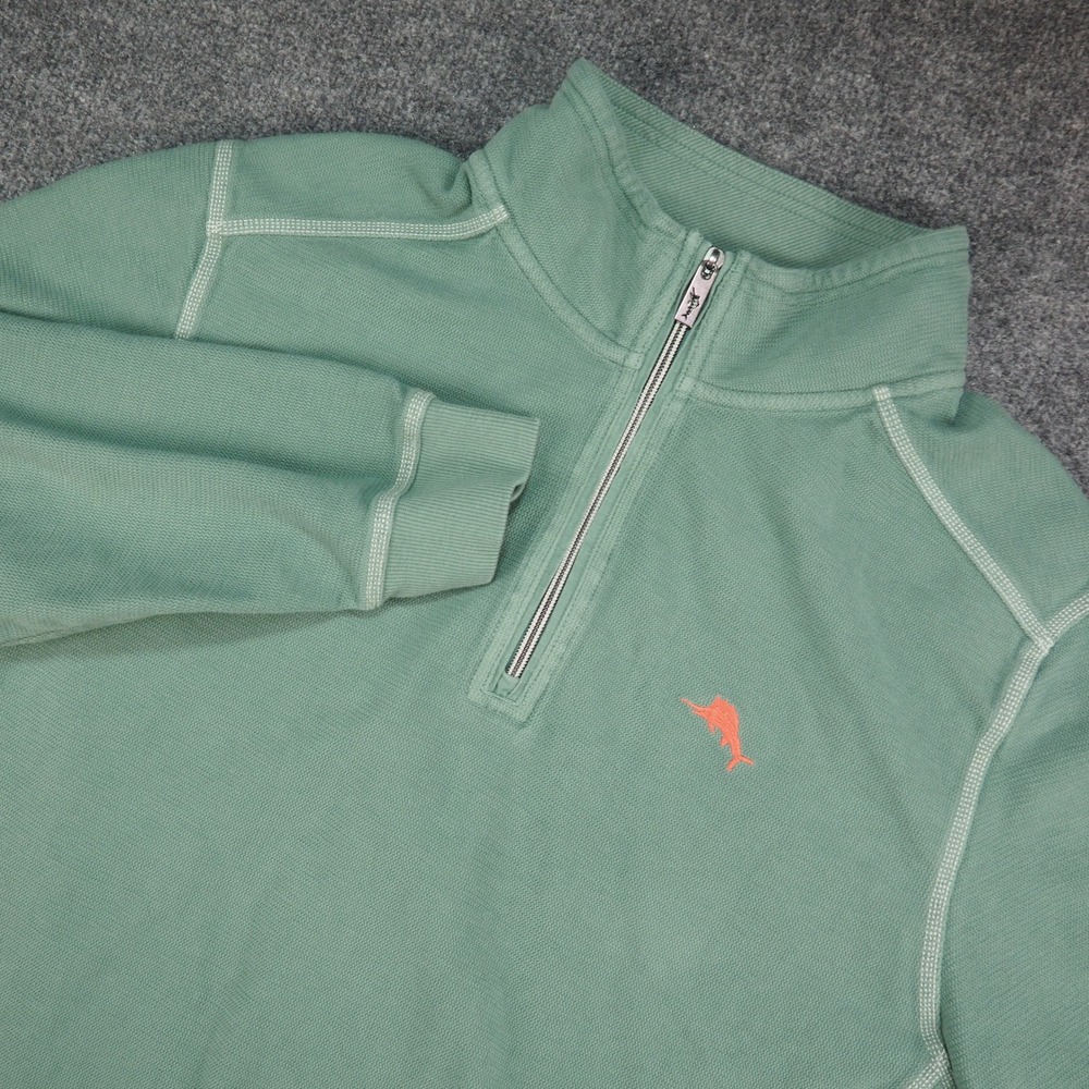 Tommy Bahama Flipside Quarter Zip Mens Large Green Waffle Knit Pullover Sweater